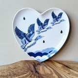 Porcelain Heart Plate - Blue and Gold flying ducks