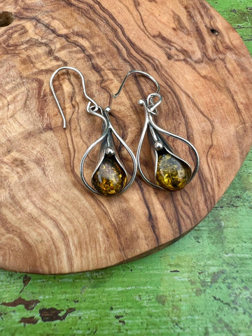 Vintage Silver -  Baltic Amber Orchid Earrings