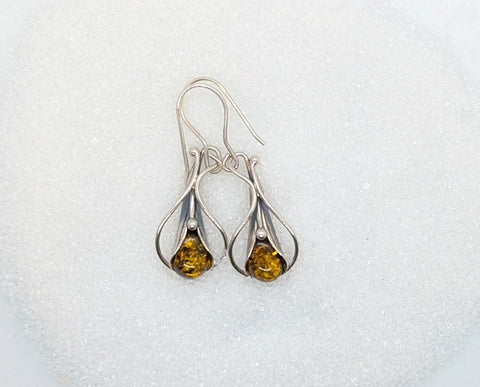Vintage Silver -  Baltic Amber Orchid Earrings