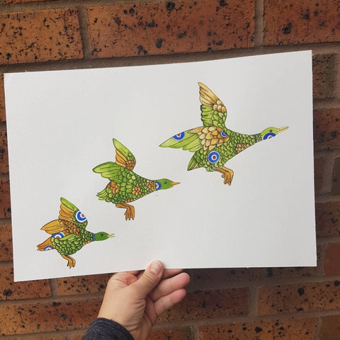 Original 3 ducks watercolour painting